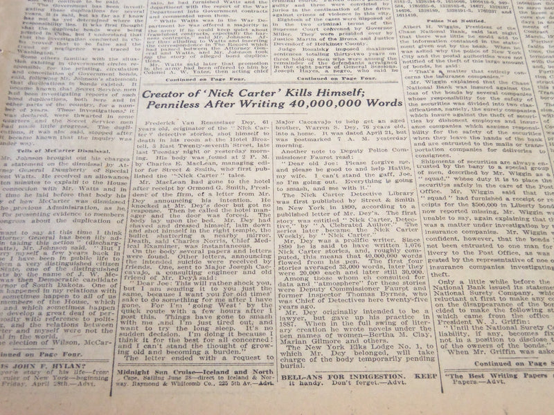 1922 APRIL 27 NEW YORK TIMES - CREATOR OF NICK CARTER KILLS HIMSELF - NT 5767