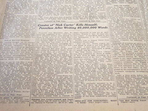 1922 APRIL 27 NEW YORK TIMES - CREATOR OF NICK CARTER KILLS HIMSELF - NT 5767
