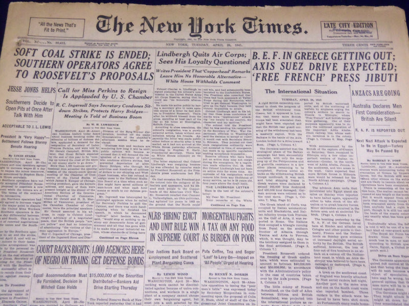 1941 APRIL 29 NEW YORK TIMES - LINDBERGH QUITS AIR CORPS, SEES LOYALTY - NT 1443