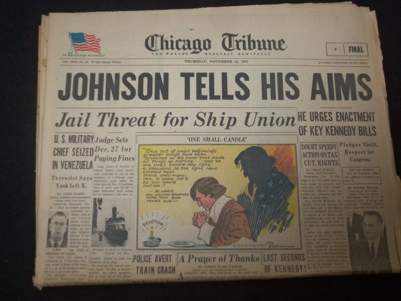 1963 NOVEMBER 28 CHICAGO TRIBUNE NEWSPAPER - JOHNSON TELLS HIS AIMS - NP 8052