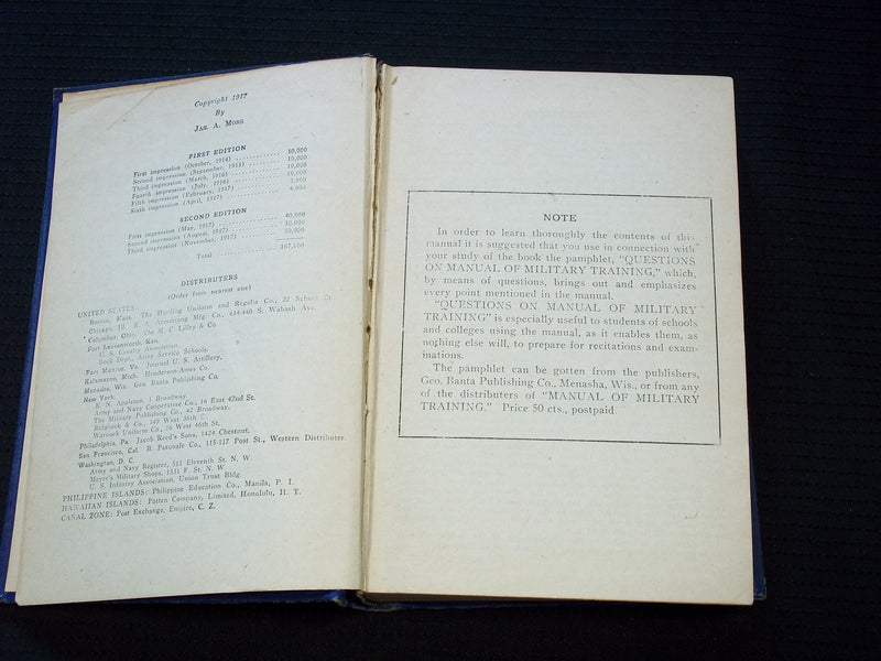 1917 MANUAL OF MILITARY TRAINING HARDCOVER BOOK BY MAJOR JAMES MOSS - KD 7610