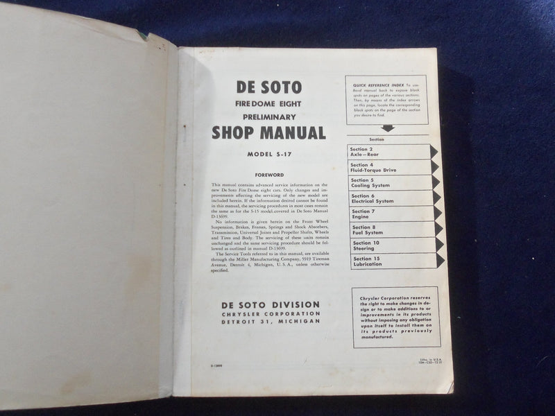 1951 DESOTO FIRE DOME EIGHT PRELIMINARY SHOP MANUAL SOFTCOVER BOOK - KD 8715