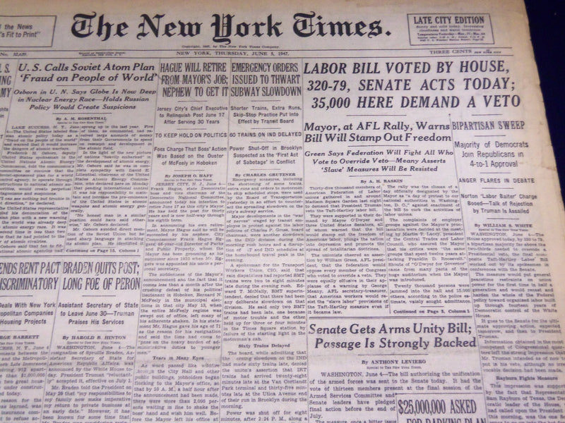 1947 JUNE 5 NEW YORK TIMES - LABOR BILL VOTED BY HOUSE - NT 3326