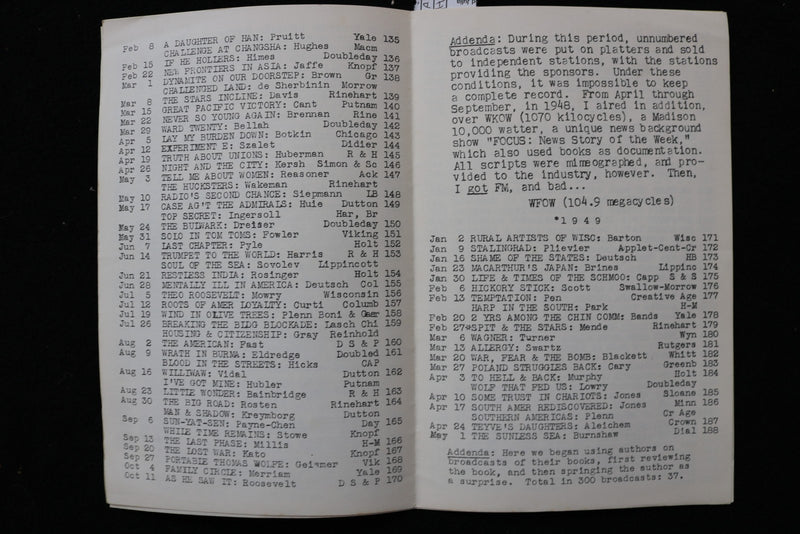 1951 WFOW BOOK SHOW MEMORIAL BROCHURE 300TH BROADCAST - SOFTCOVER - K 3012