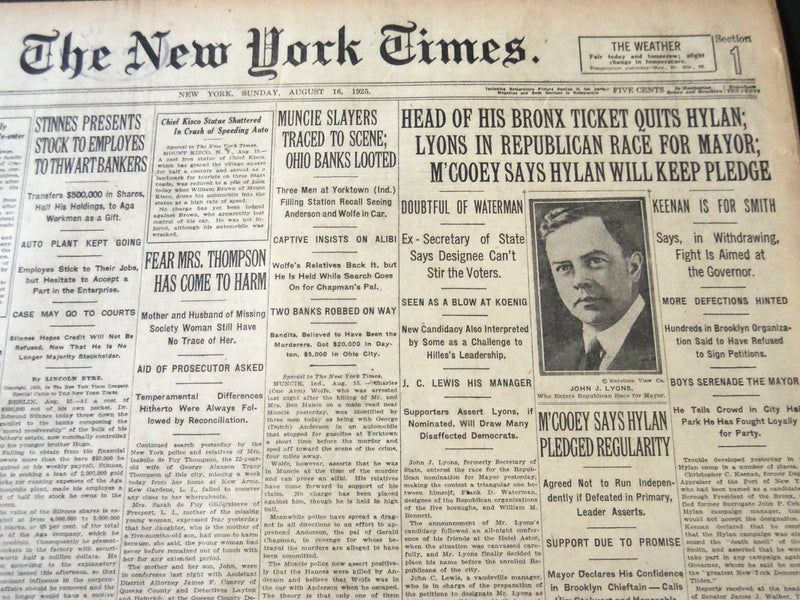 1925 AUGUST 16 NEW YORK TIMES - JOHN LYONS IN RACE FOR MAYOR - NT 5438