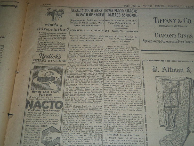 1926 SEPT 20 NEW YORK TKIMES NEWSPAPER - 1000 DEAD IN FLORIDA STORM - NT 7577