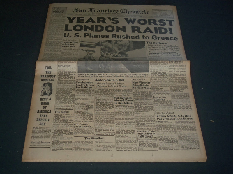 1941 MARCH 20 SAN FRANCISCO CHRONICLE - YEAR'S WORST RAID - SUPERMAN - NP 3632