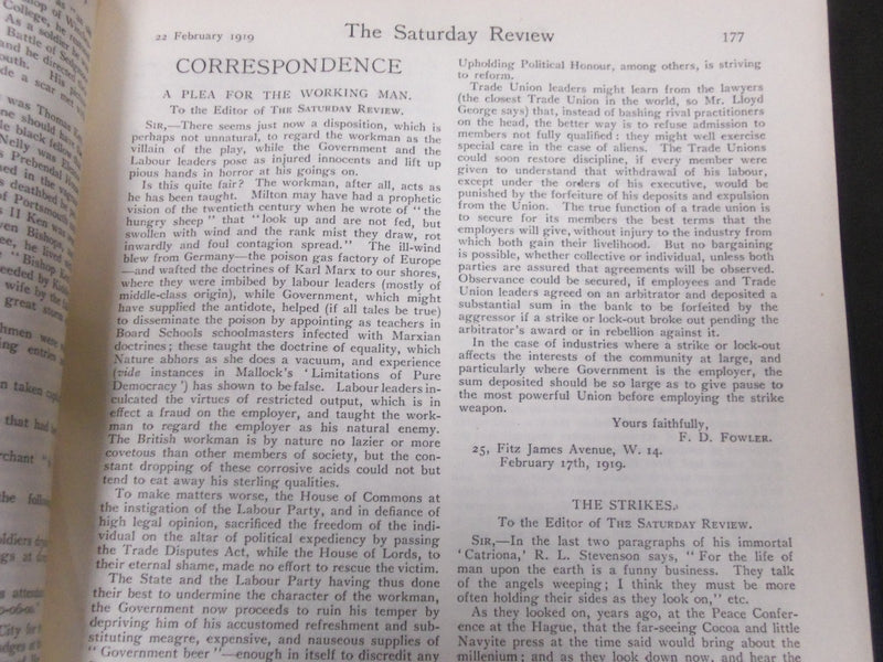 1919 SATURDAY REVIEW 2 BOUND VOLUMES - COMPLETE YR- PUBLISHED IN LONDON - R 1124