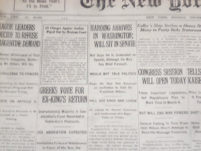 1920 DECEMBER 6 NEW YORK TIMES - HARDING ARRIVES IN WASHINGTON - NT 8476