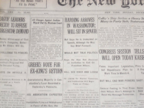1920 DECEMBER 6 NEW YORK TIMES - HARDING ARRIVES IN WASHINGTON - NT 8476