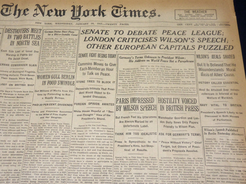 1917 JANUARY 24 NEW YORK TIMES - SENATE TO DEBATE PEACE LEAGUE - NT 8752