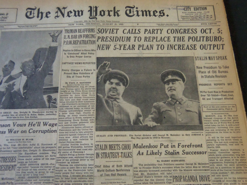 1952 AUGUST 21 NEW YORK TIMES - SOVIET CALLS PARTY CONGRESS OCT 5 - NT 5791