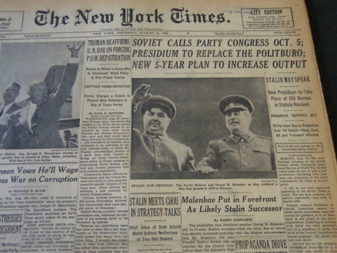 1952 AUGUST 21 NEW YORK TIMES - SOVIET CALLS PARTY CONGRESS OCT 5 - NT 5791