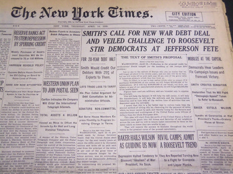 1932 APRIL 14 NEW YORK TIMES - SMITH CALLS FOR NEW WAR DEBT DEAL - NT 4758