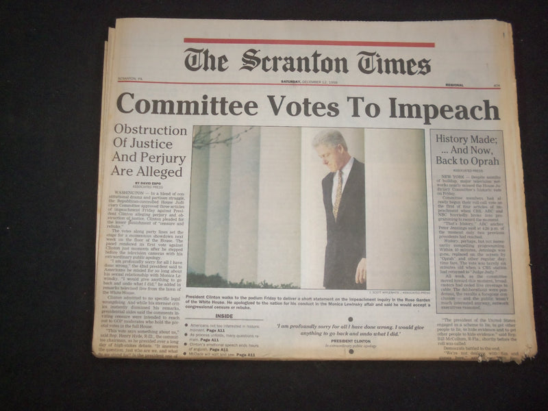 1998 DEC 12 THE SCRANTON TIMES NEWSPAPER - COMMITTEE VOTES TO IMPEACH - NP 8377