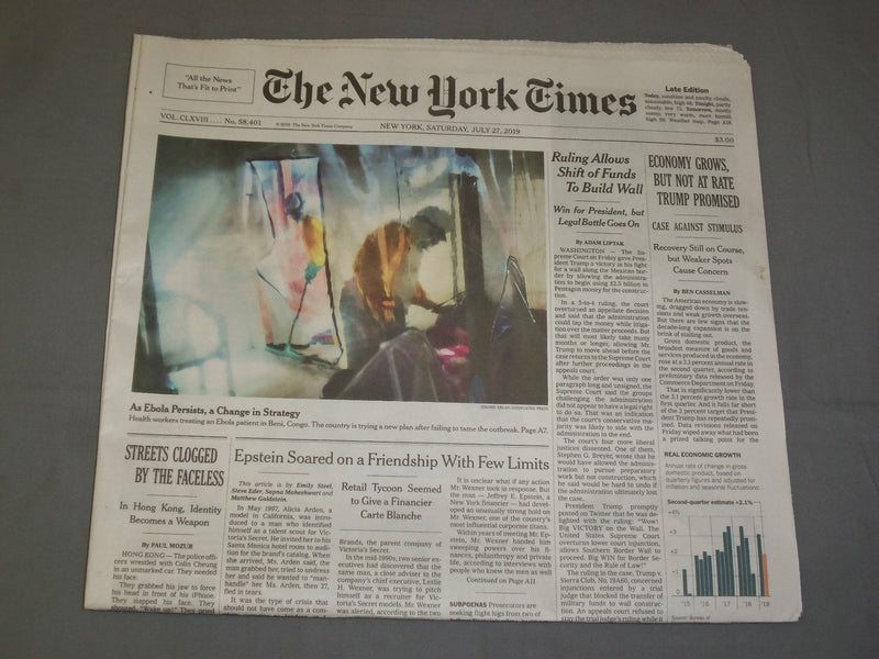 2019 JULY 27 NEW YORK TIMES - ECONOMY GROWS, BUT NOT AT RATE TRUMP PROMISED