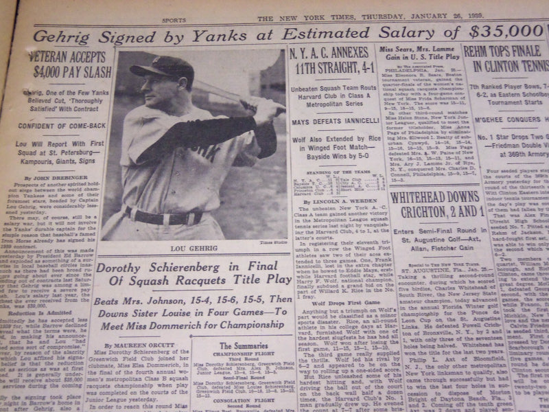 1939 JAN 26 NEW YORK TIMES - JOE LOUIS WINS - LOU GEHRIG SIGNS - REBELS - NT 501