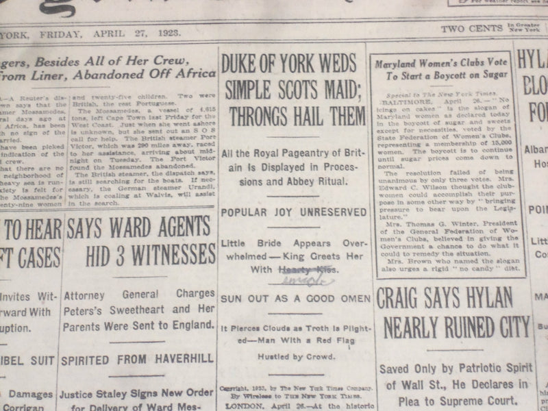 1923 APRIL 27 NEW YORK TIMES - DUKE OF YORK WEDS SIMPLE SCOTS MAID - NT 8349