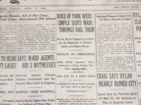1923 APRIL 27 NEW YORK TIMES - DUKE OF YORK WEDS SIMPLE SCOTS MAID - NT 8349