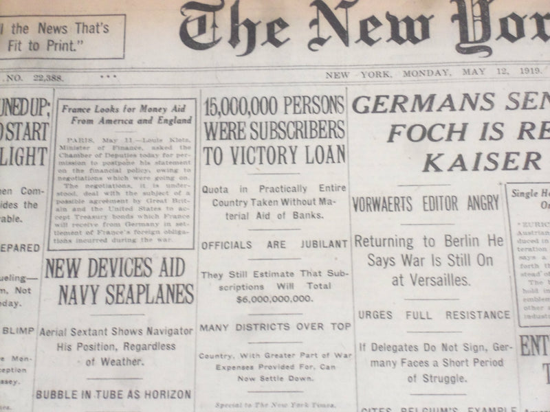 1919 MAY 12 NEW YORK TIMES - 15,000,000 SUBSCRIBE TO VICTORY LOAN - NT 9245