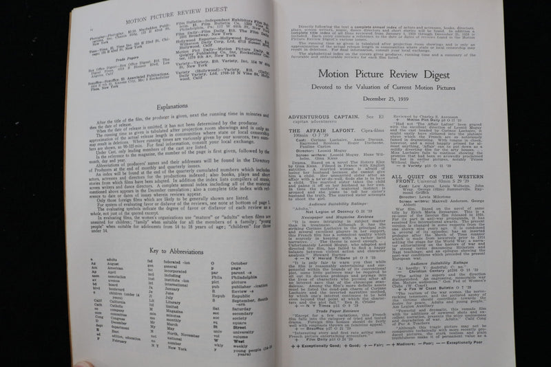 1939 DECEMBER 25 MOTION PICTURE REVIEW DIGEST SOFTCOVER BOOK - K 2916