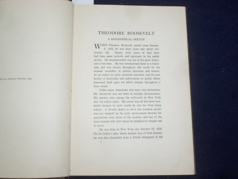 1919 A MEMORIAL TO THEODORE ROOSEVELT - STATE OF NY- HARDCOVER BOOK BY - KD 9098