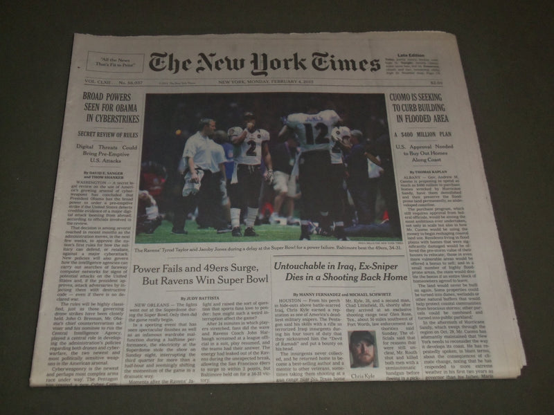 2013 FEB 4 NEW YORK TIMES NEWSPAPER - RAVENS BEAT 49ERS IN SUPER BOWL - NP 2730