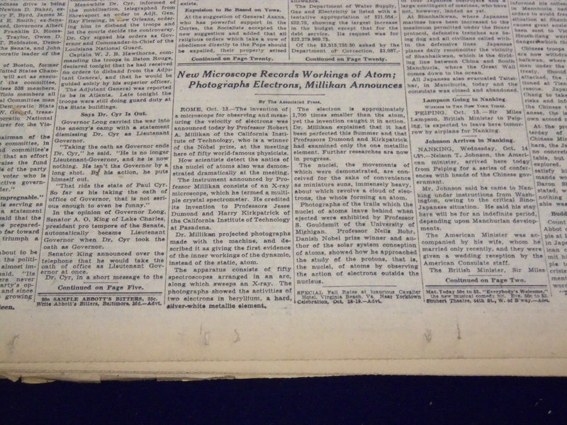 1931 OCTOBER 14 NEW YORK TIMES - NEW MICROSCOPE RECORDS ATOM - NT 3965