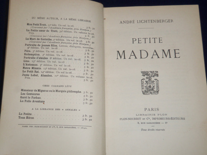 1912 PETITE MADAME FRENCH BOOK BY ANDRE LICHTENBEGER - KD 1992