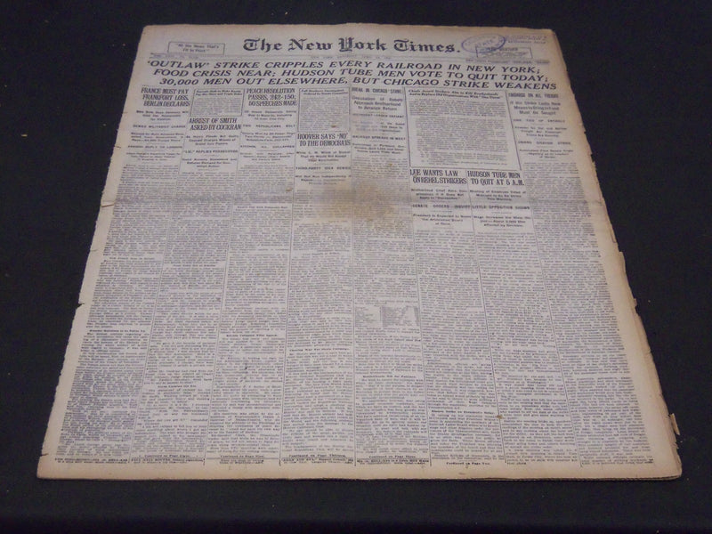 1920 APRIL 10 NEW YORK TIMES - OUTLAW STRIKE CRIPPLES RAILROAD IN NY - NT 5377