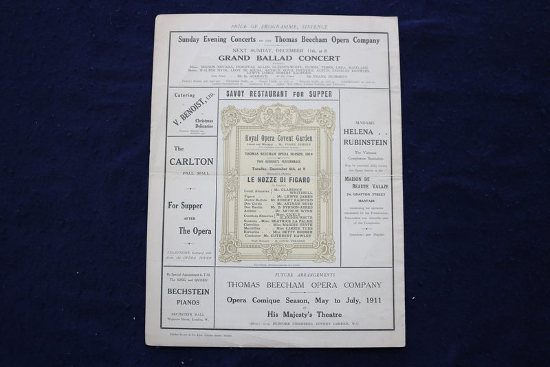 1910 DECEMBER 6 ROYAL OPERA COVENT GARDEN PROGRAM - LE NOZZE DIFIGARO - K 1672