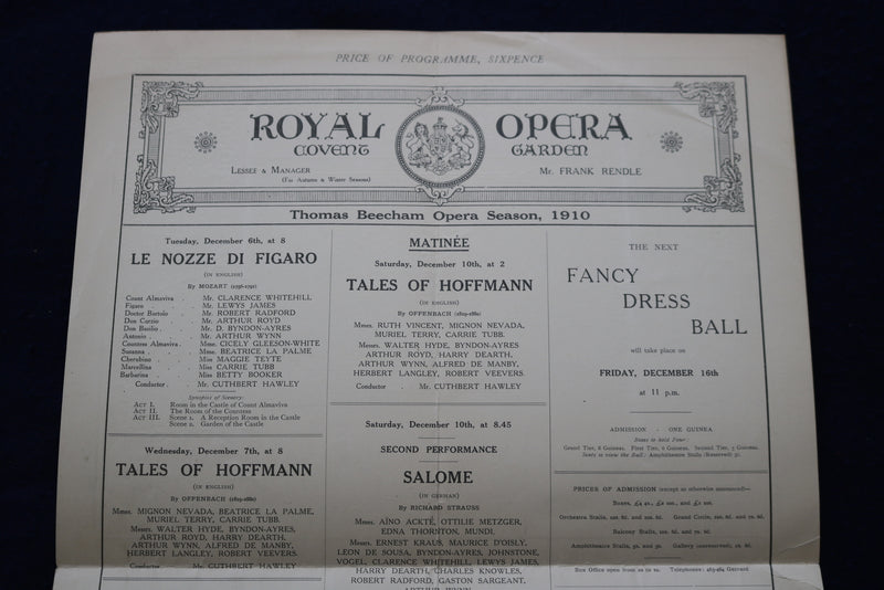 1910 DECEMBER 6 ROYAL OPERA COVENT GARDEN PROGRAM - LE NOZZE DIFIGARO - K 1672