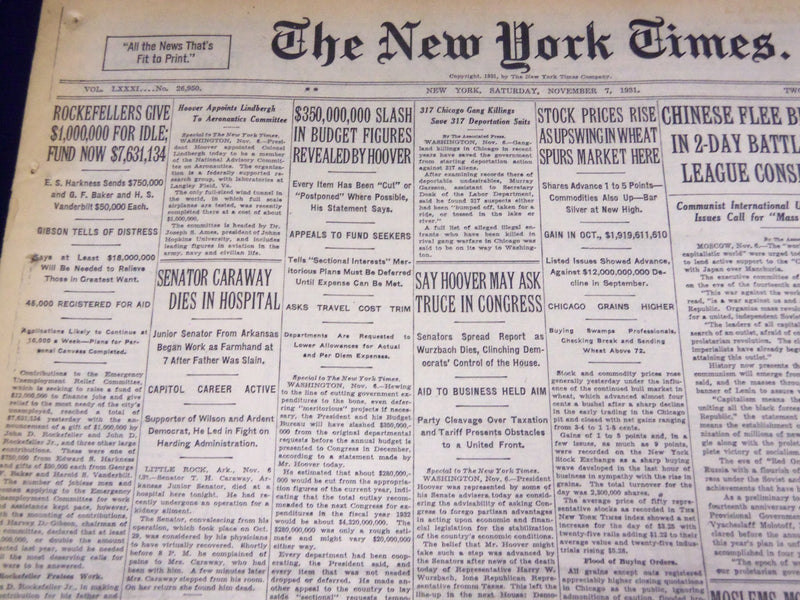 1931 NOV 7 NEW YORK TIMES - ROCKEFELLERS GIVE $1,000,000 FOR IDLE - NT 2194