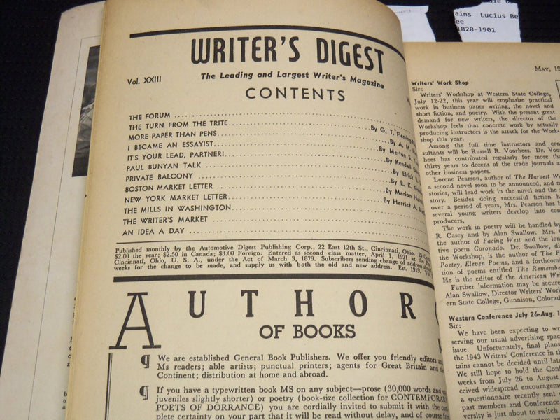 1943 MAY WRITER'S DIGEST MAGAZINE - MATHIEU - YEWDALE - ROBERTS - K 1034