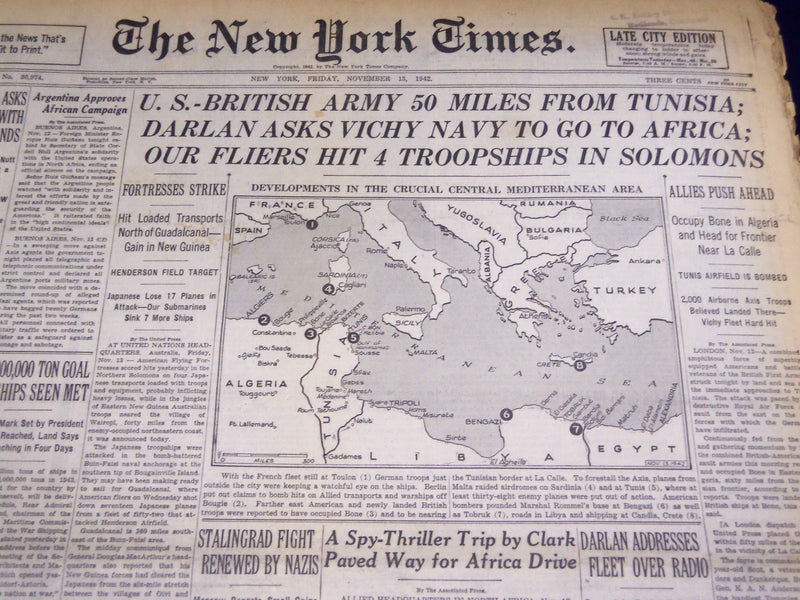 1942 NOV 13 NEW YORK TIMES - U. S. BRITISH 50 MILES FROM TUNISIA - NT 1172