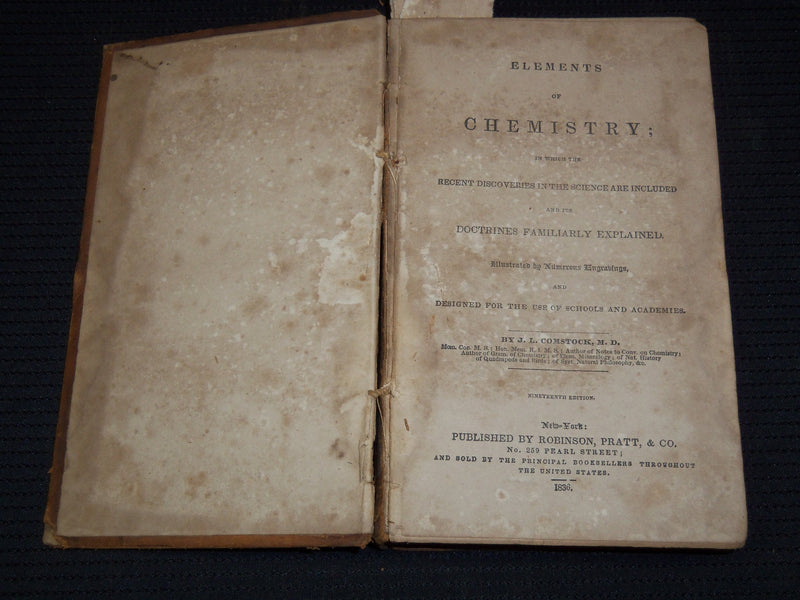 1836 ELEMENTS OF CHEMISTRY BOOK BY J. L. COMSTOCK, M. D. - 19TH EDITION - J 8121