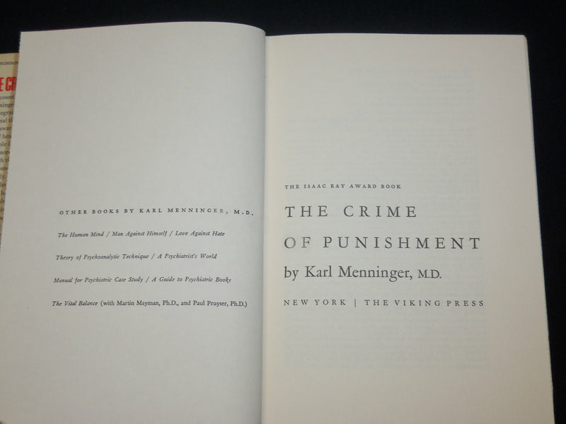 1968 THE CRIME OF PUNISHMENT HARDCOVER BOOK BY KARL MENNINGER M. D- KD 6564
