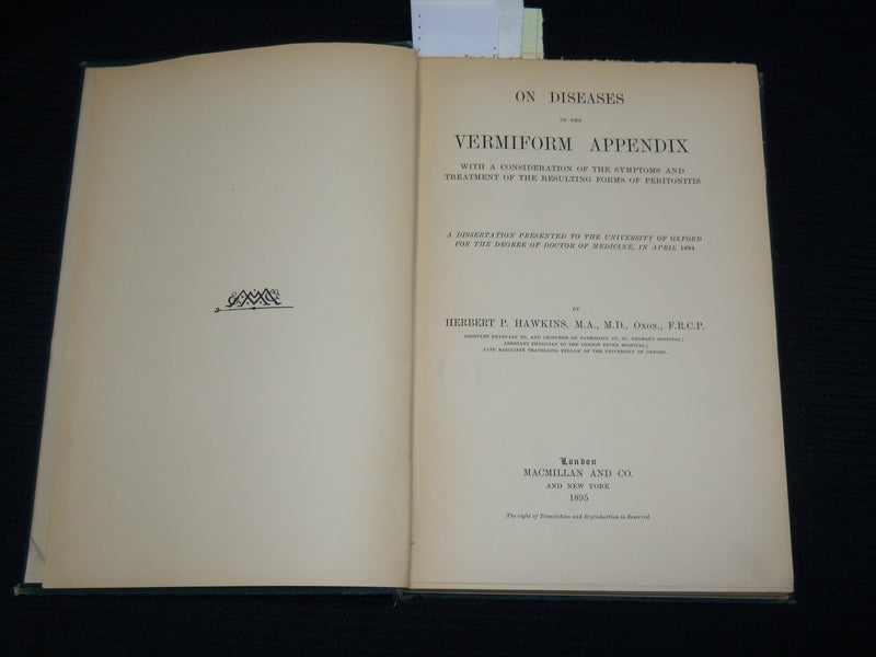 1895 ON DISEASES OF THE VERMIFORM APPENDIX HARDCOVER BOOK BY HAWKINS - KD 7359