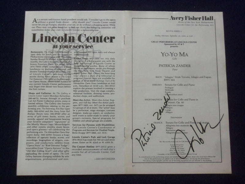 1986 SEPTEMBER 28 AVERY FISHER HALL YO-YO MA - PARTICIA ZANDER SIGNED PROGRAM
