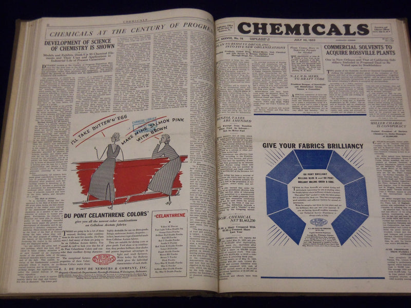 1933 JAN-DEC CHEMICALS MAGAZINE BOUND VOLUME PRICE TRENDS IMPORTS ADS - KD 661