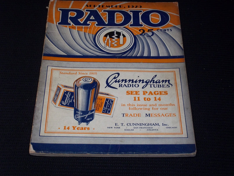 1929 SEPTEMBER RADIO MAGAZINE - CUNNINGHAM RADIO TUBES FRONT COVER - E 6290