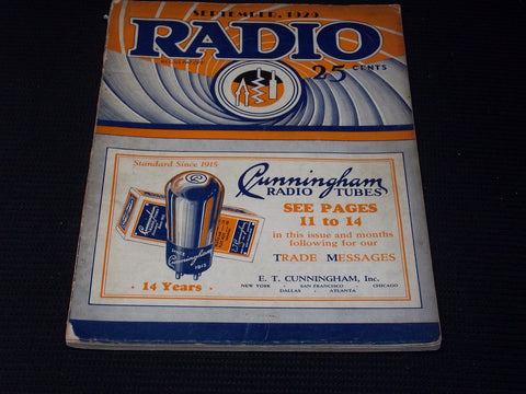 1929 SEPTEMBER RADIO MAGAZINE - CUNNINGHAM RADIO TUBES FRONT COVER - E 6290