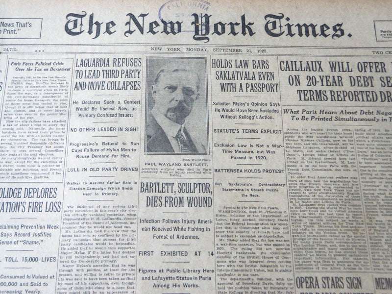 1925 SEPT 21 NEW YORK TIMES - LA GUARDIA REFUSES TO LEAD THIRD PARTY - NT 7203