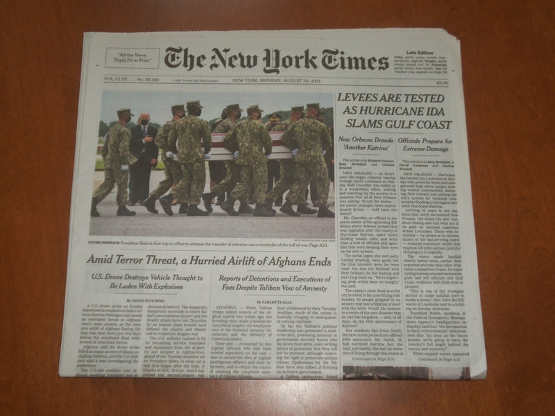 2021 AUGUST 30 NEW YORK TIMES - LEVEES TESTED AS HURRICANE IDA SLAMS GULF COAST