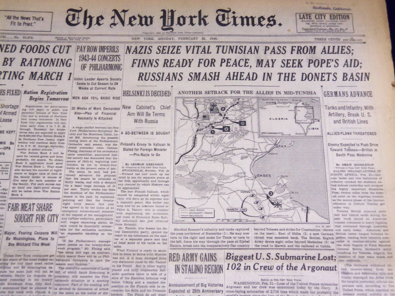 1943 FEB 22 NEW YORK TIMES NAZIS SEIZE VITAL TUNISIAN PASS FROM ALLIES - NT 1883