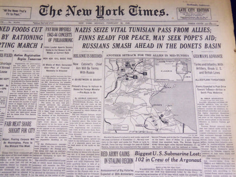 1943 FEB 22 NEW YORK TIMES NAZIS SEIZE VITAL TUNISIAN PASS FROM ALLIES - NT 1883
