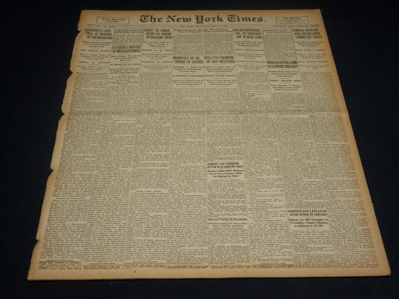 1920 MAY 26 NEW YORK TIMES NEWSPAPER - CARRANZA'S AIDS TELL OF MURDER - NT 8682