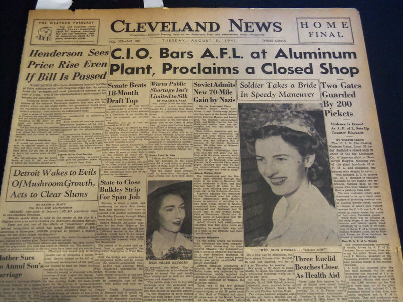 1941 AUG 5 CLEVELAND NEWS NEWSPAPER - C. I. O BARS A. F. L AT ALUMINUM - NT 7400