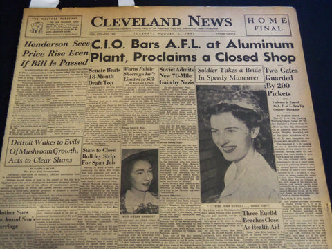 1941 AUG 5 CLEVELAND NEWS NEWSPAPER - C. I. O BARS A. F. L AT ALUMINUM - NT 7400