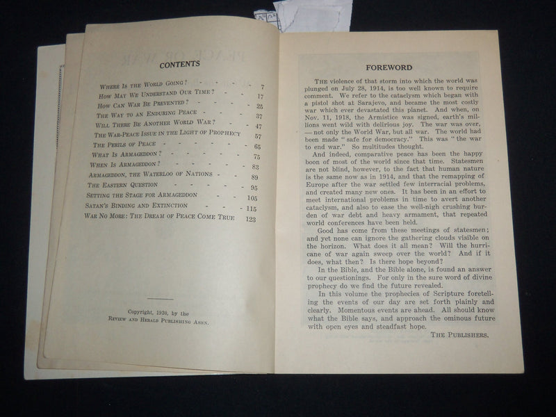 1930 PEACE OR WAR WHAT THE BIBLE SAYS ABOUT IT BOOK - J 9298